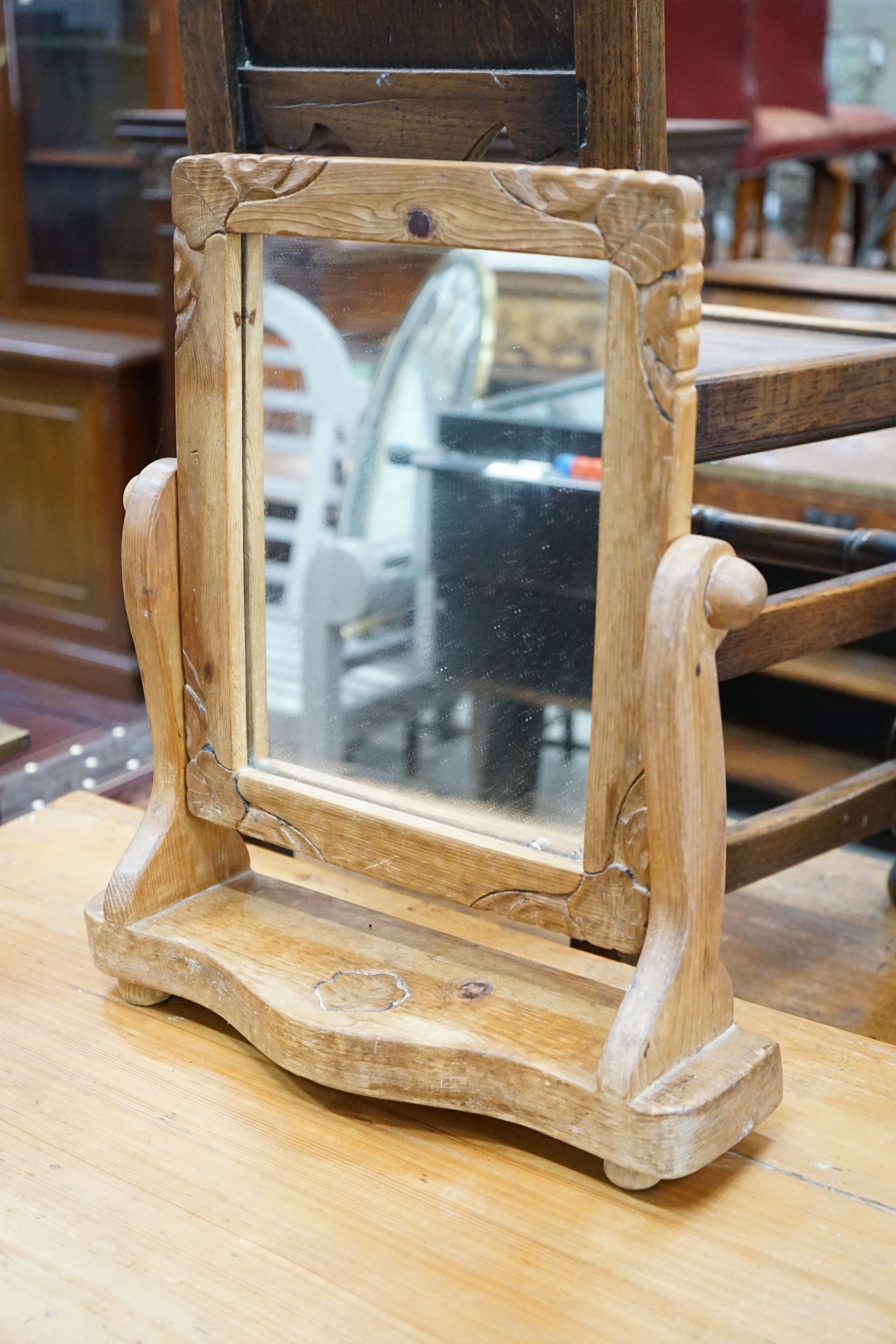 A Victorian stripped pine chest, width 82cm, depth 48cm, height 85cm and a toilet mirror